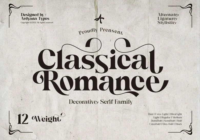 Classical Romance Sans Serif typeface preview for Typography, Web Design